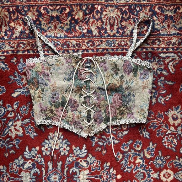 Tops - Corset Crop Top Womens S Floral Cottagecore Tapestry Lace Up Festival